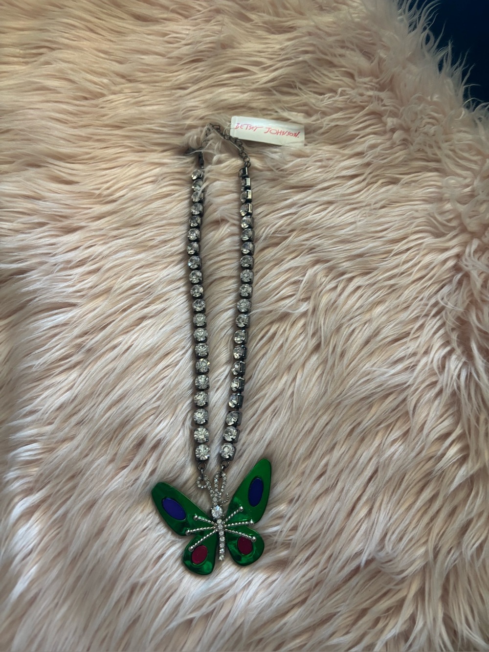 Betsey Johnson Green Enamel Butterfly Rhinestone Necklace